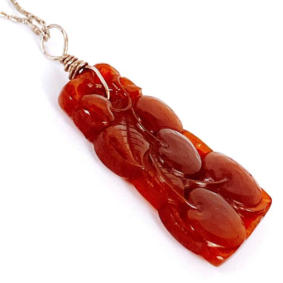 Vintage Faux Carnelian Molded Glass Fruit Pendant Sterling Silver Necklace 23" - Picture 9 of 12